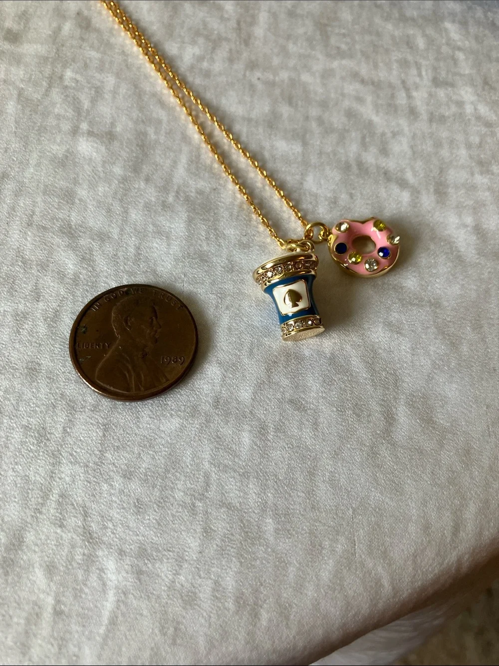 kate spade: Gold Tone Pink donut & coffee cup charm necklace